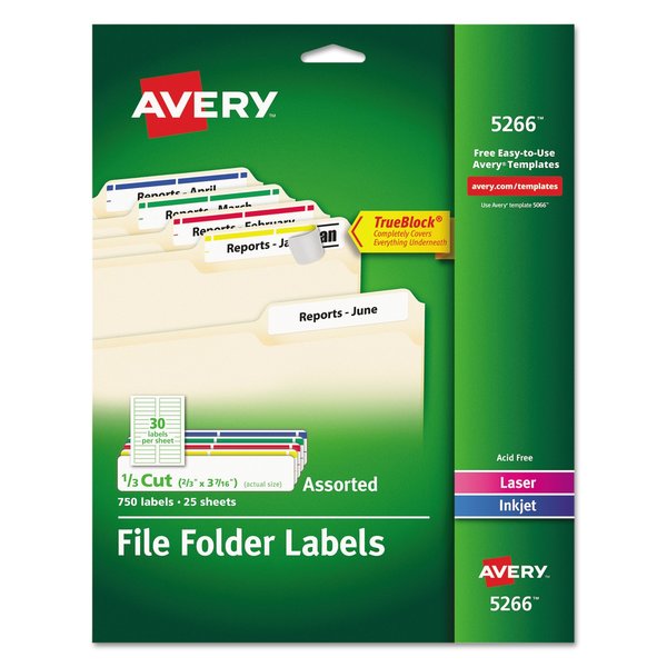 Avery Permanent TrueBlock File Folder Label w/Sure Feed, 0.66x3.44, Wt, PK75 05266